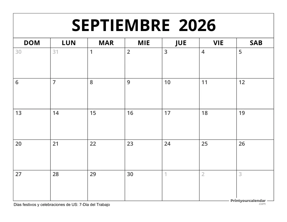 Calendario Septiembre 2026 Días Feriados