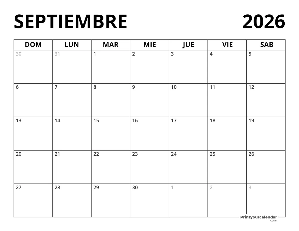 Calendario Septiembre 2026 en blanco