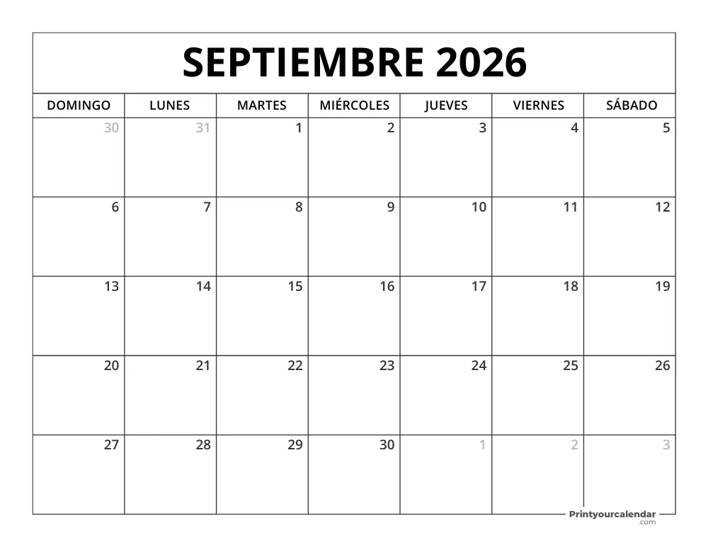 Calendario Septiembre 2026 Para Imprimir Gratis Calendario Septiembre 2026 Para Imprimir Gratis