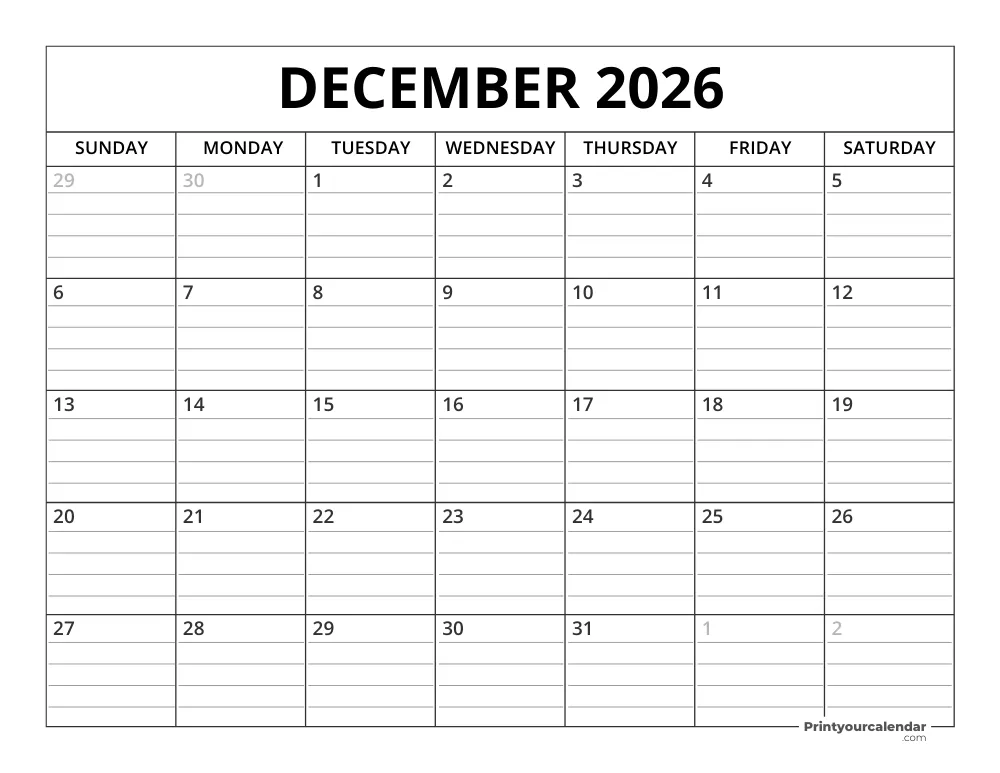 December 2026 Calendar Template