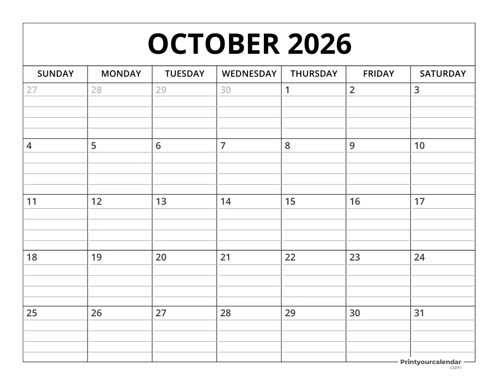 October 2026 Calendar Template