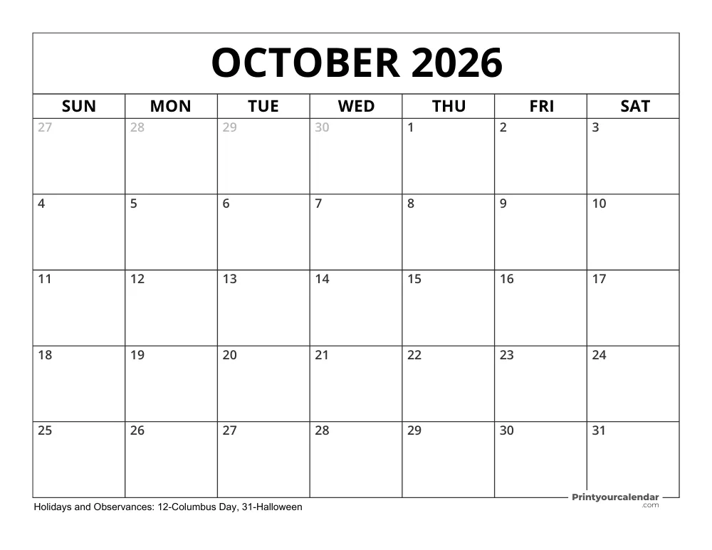 October 2026 Calendar with Holidays