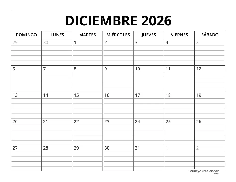December 2026 Calendar Template