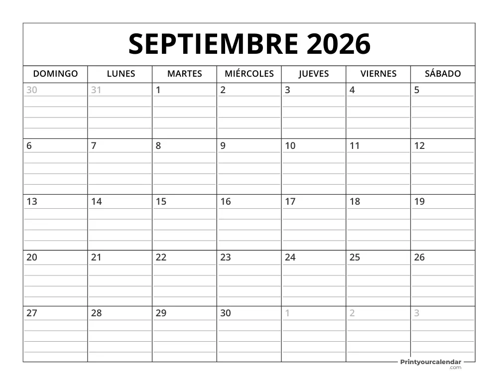 Plantilla de Calendario Septiembre de 2026 