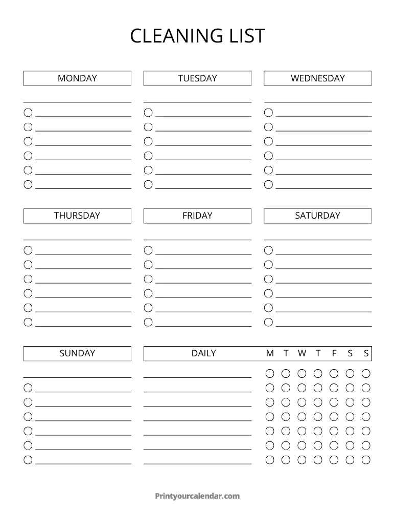 Printable Cleaning List Template