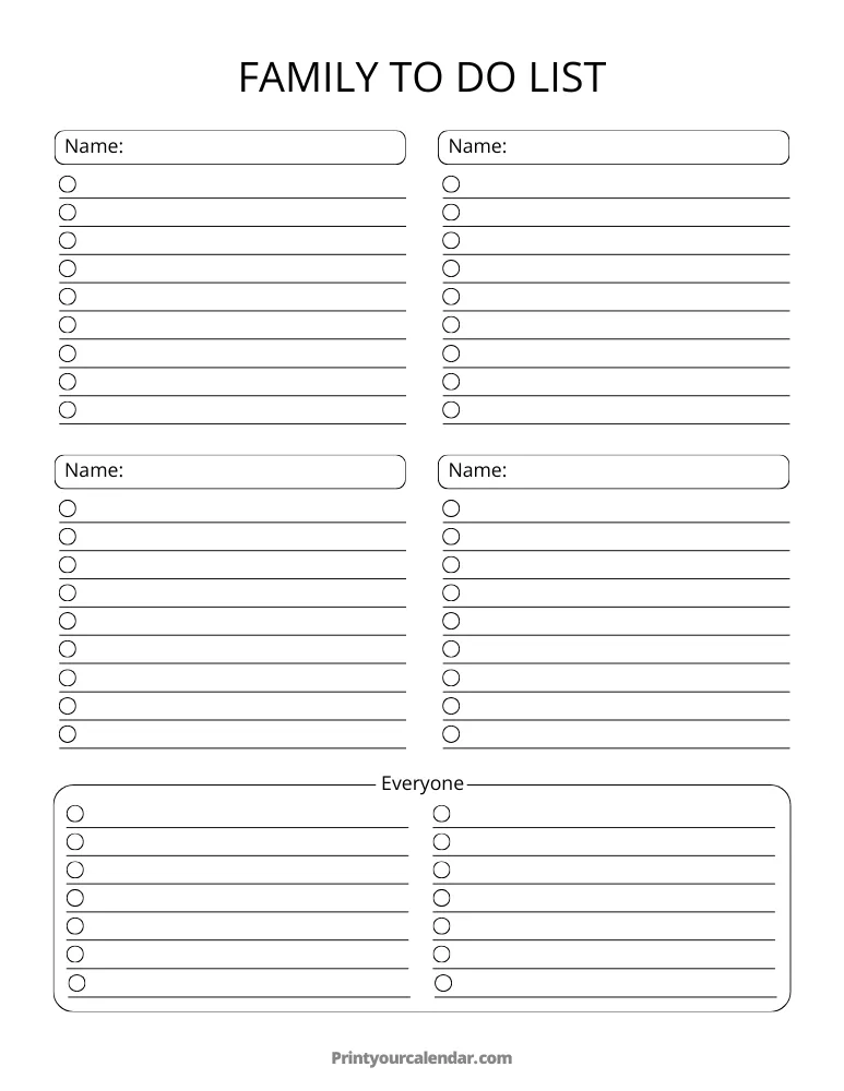 Printable Family To Do List Template
