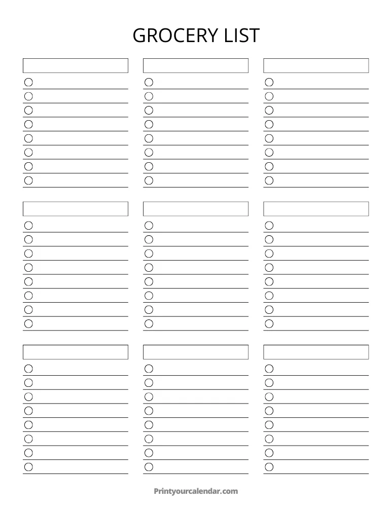 Printable Grocery List Template
