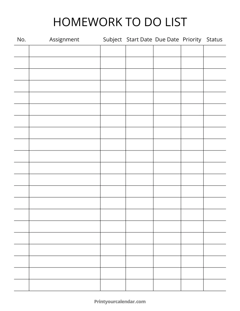 Printable Homework To Do List Template