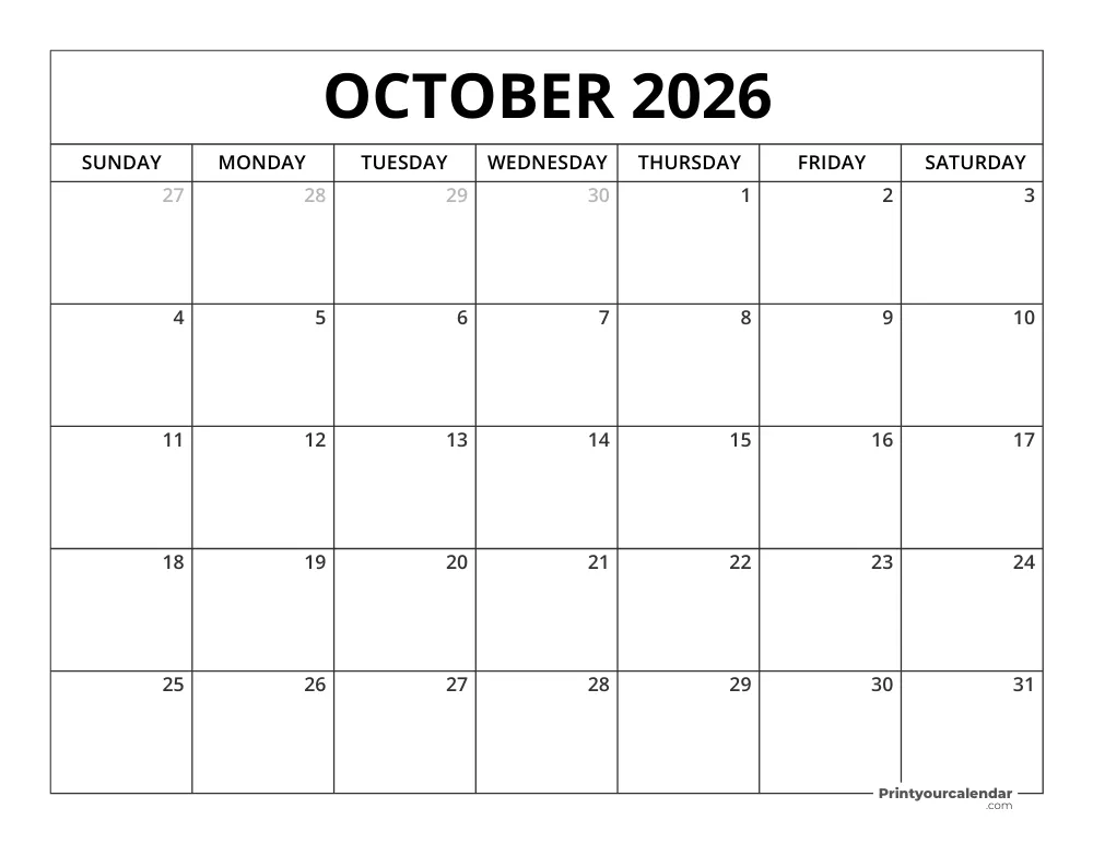 Printable October 2026 Calendar