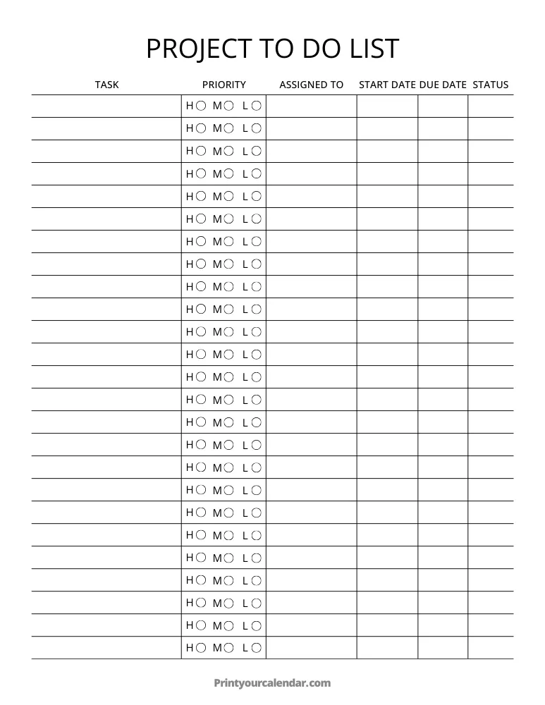 Printable Project To Do List Template