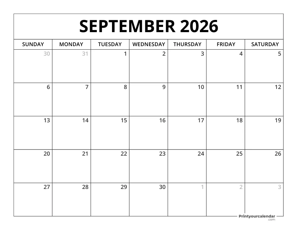 Printable September 2026 Calendar