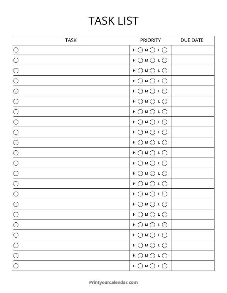 Printable Task List Template