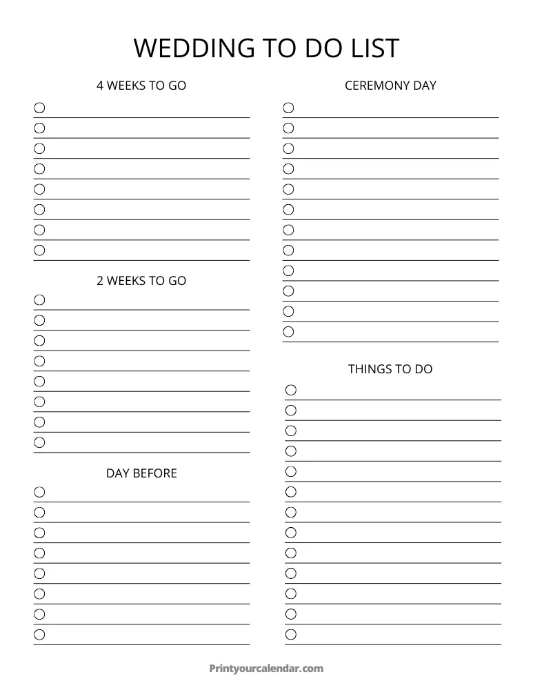 Printable Wedding To Do List