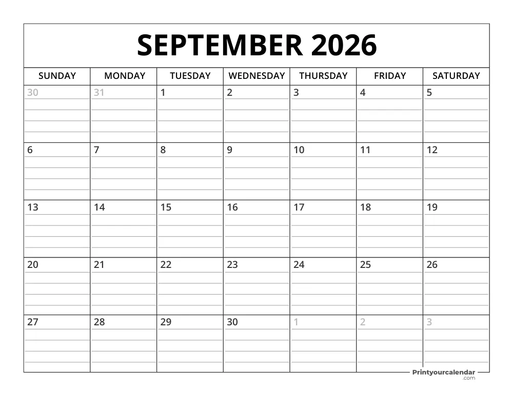 September 2026 Calendar Template