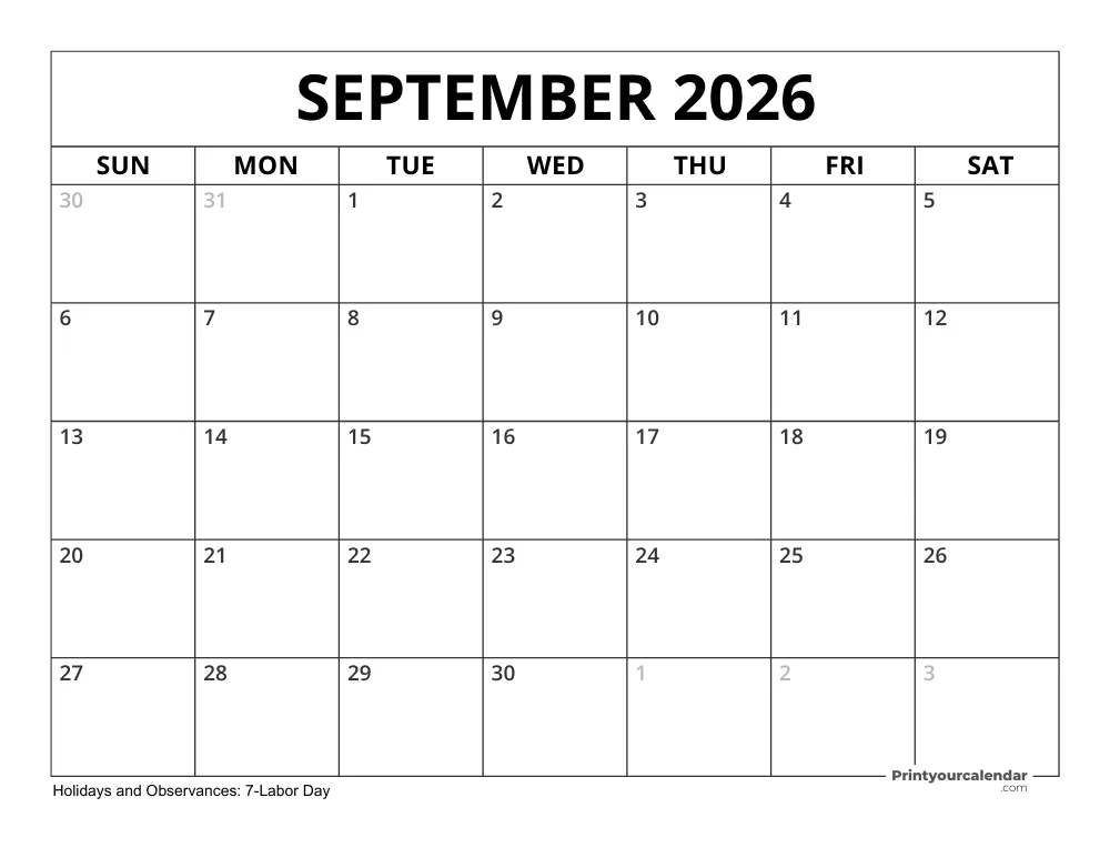 September 2026 Calendar with Holidays