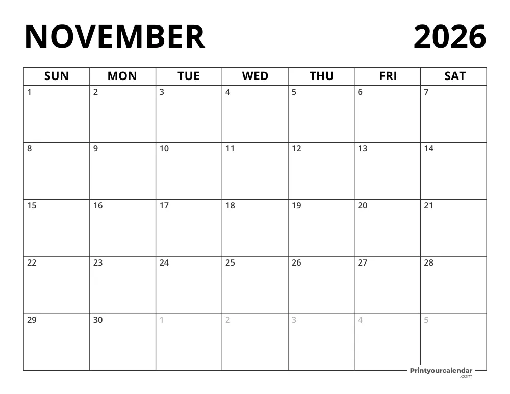 Blank November 2026 Calendar
