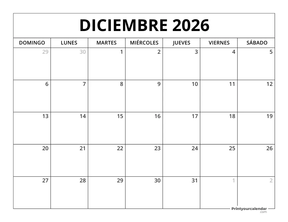 Calendario Diciembre 2026 Para Imprimir