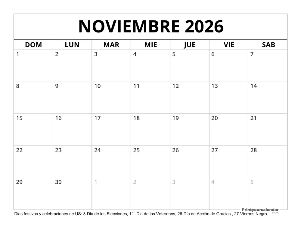 Calendario Noviembre 2026 con Días Feriados