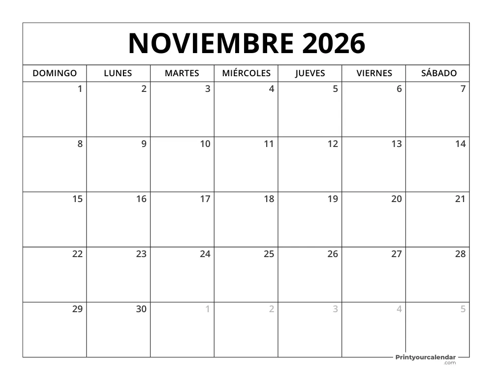 Calendario Noviembre 2026 Para Imprimir