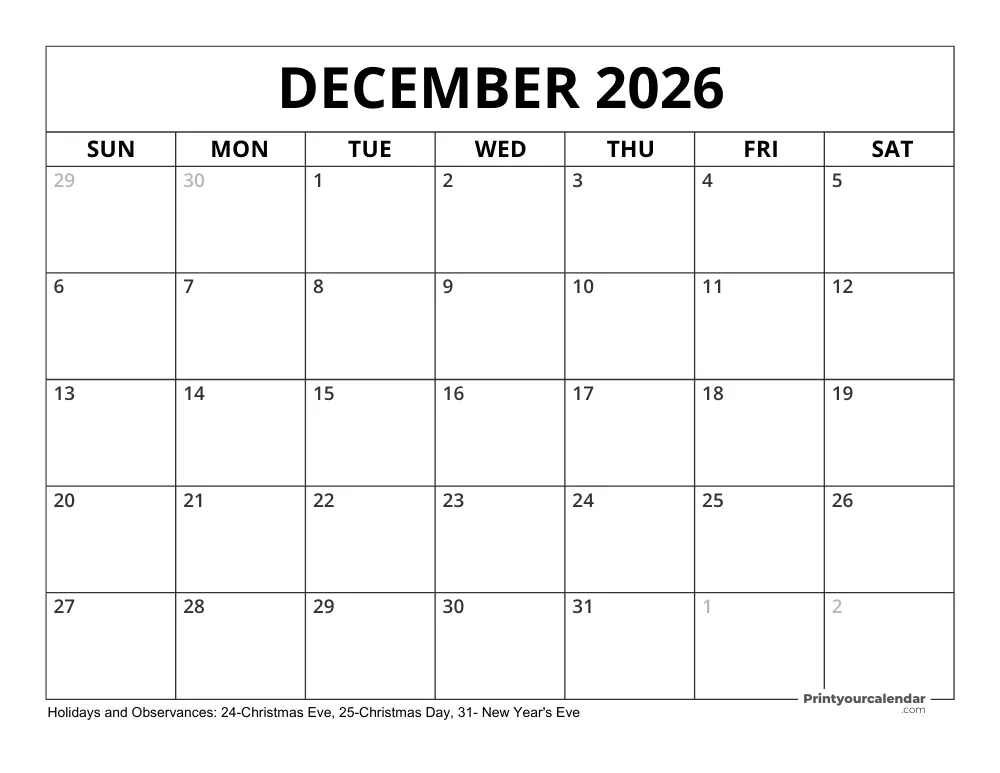 December 2026 Calendar with Holidays