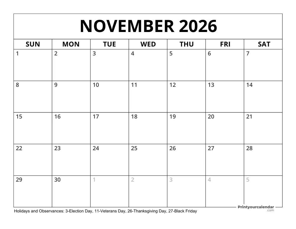 November 2026 Calendar with Holidays
