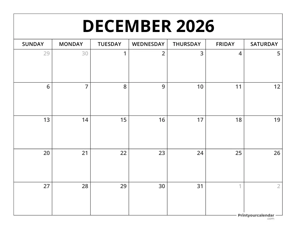Printable December 2026 Calendar