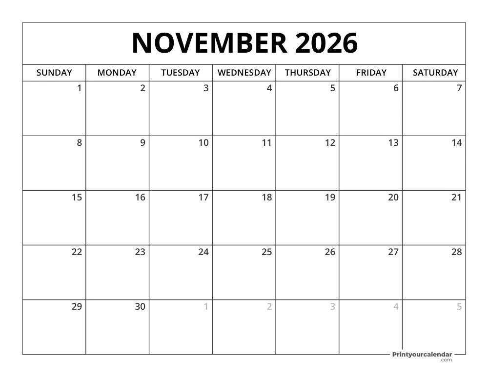 Printable November 2026 Calendar