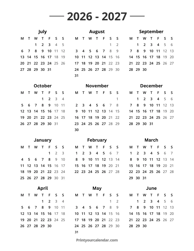2026 2027 Calendar Monday Start