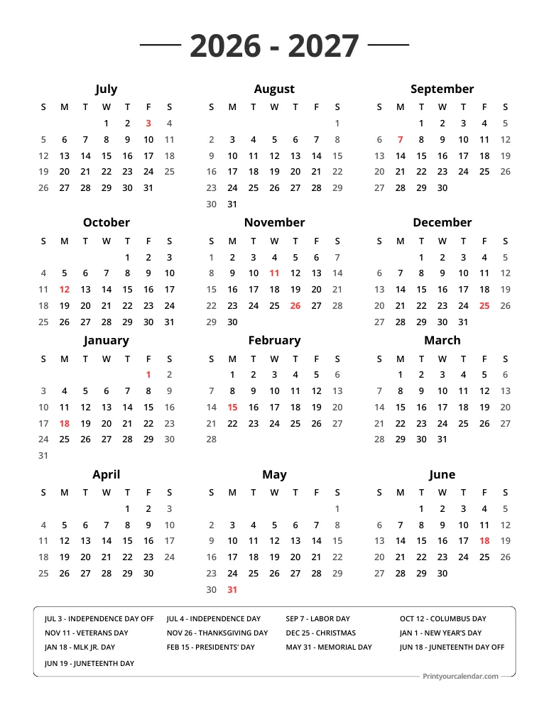 2026 2027 Calendar with Holidays