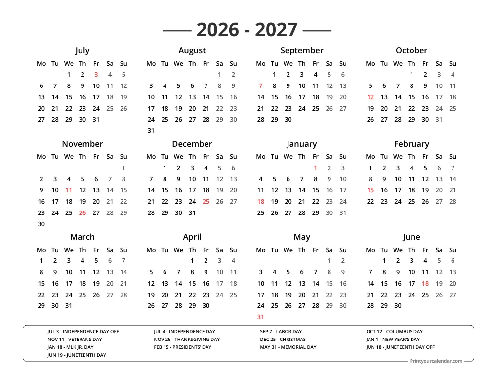 Calendar 2026 2027 with Holidays Monday Start