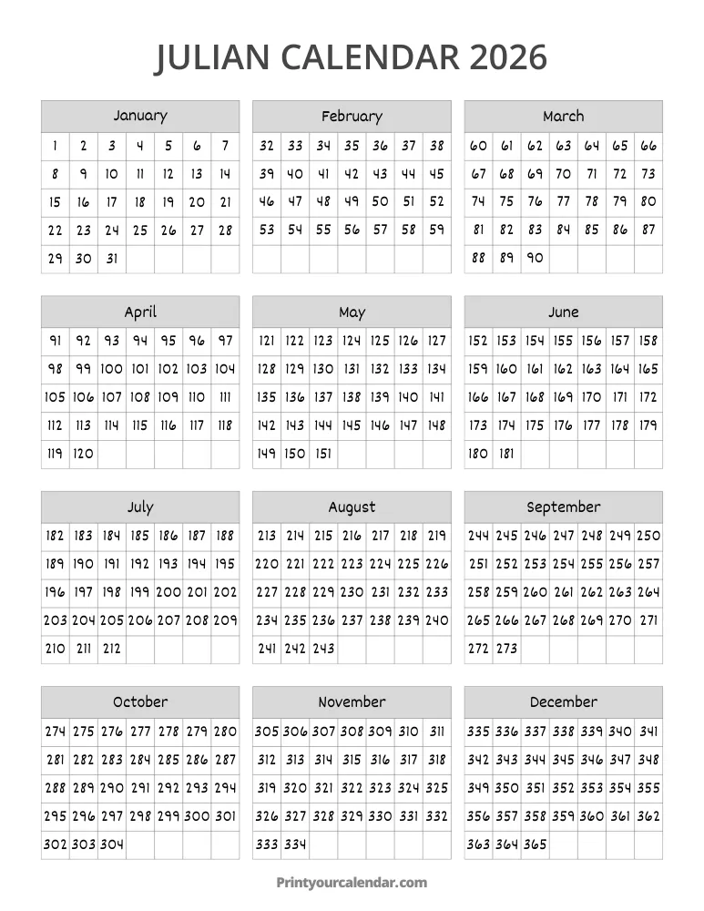 Free Printable Julian Calendar 2026