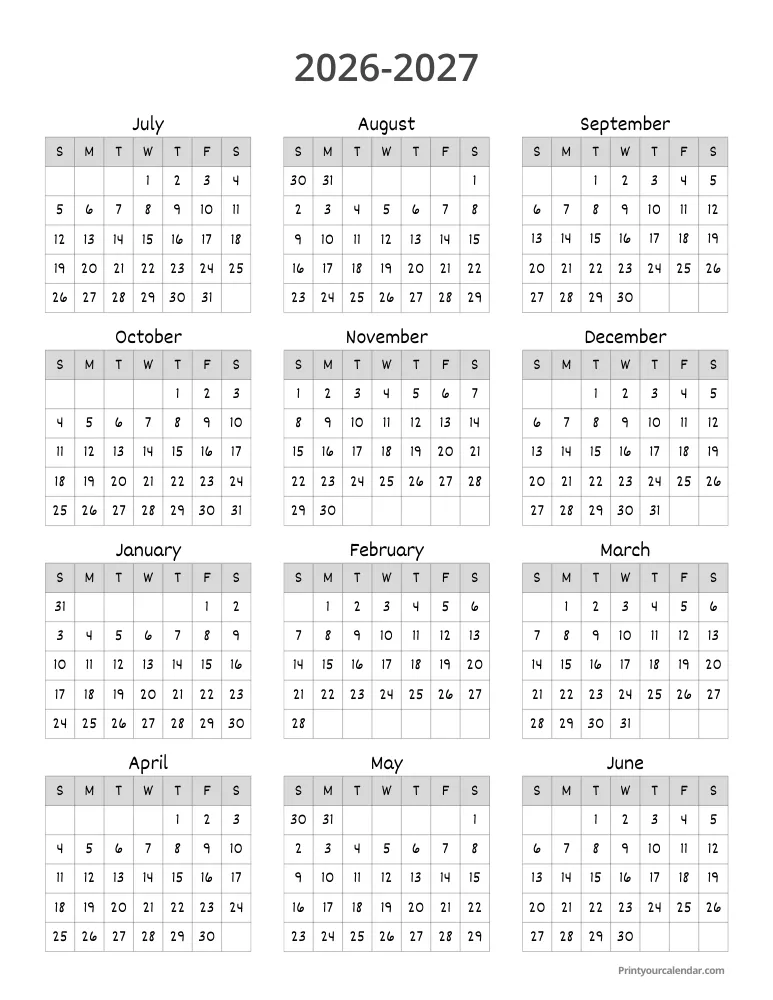 Printable 2026 2027 Calendar