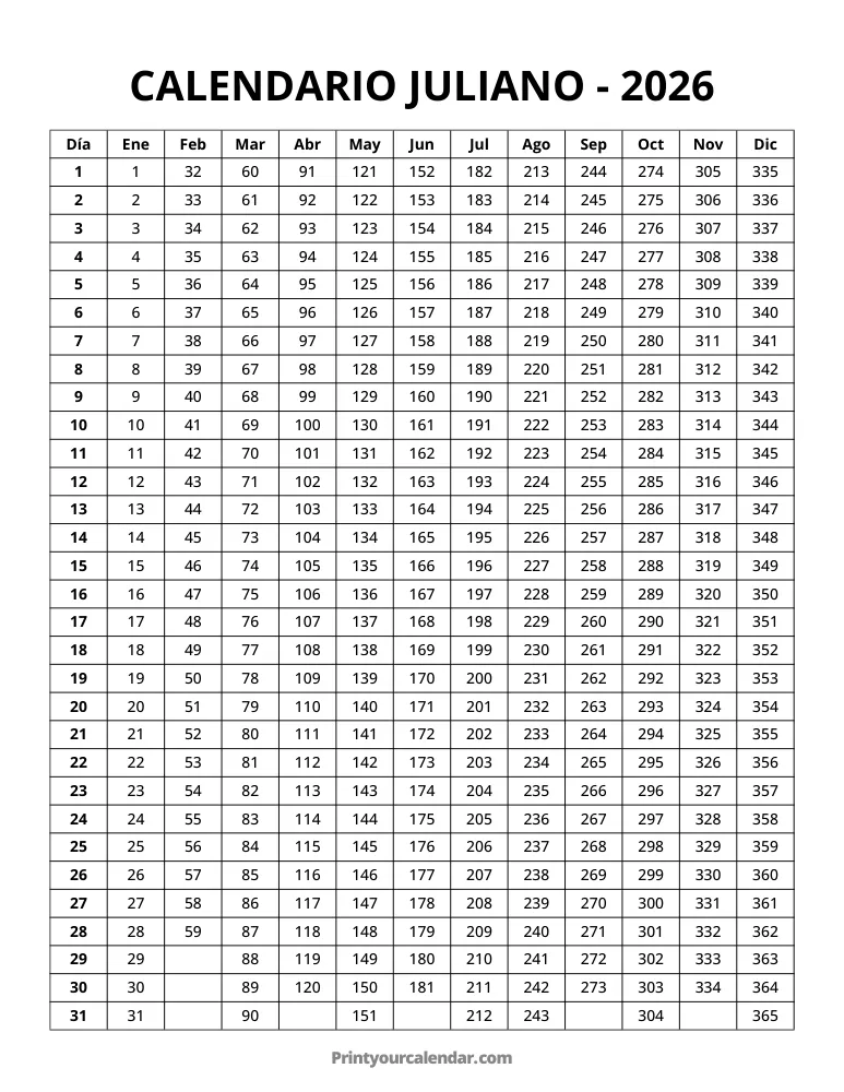 2026 Calendario juliano