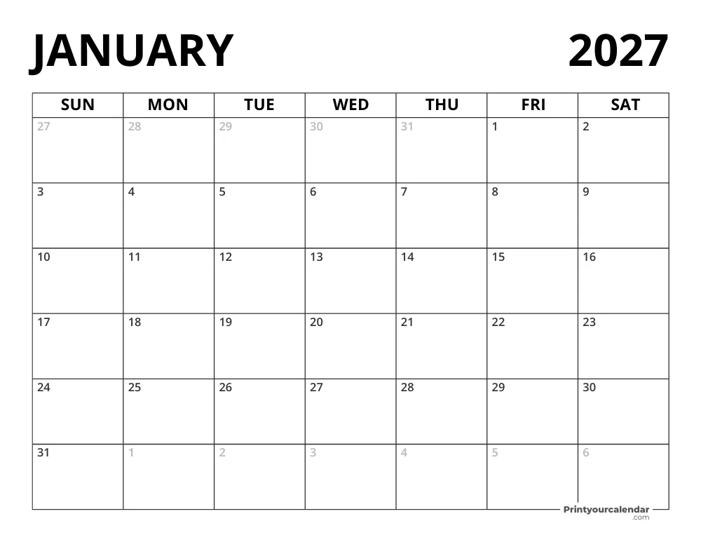 Blank January 2027 Calendar