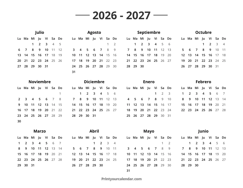 Calendario 2026 2027 Comienza el lunes
