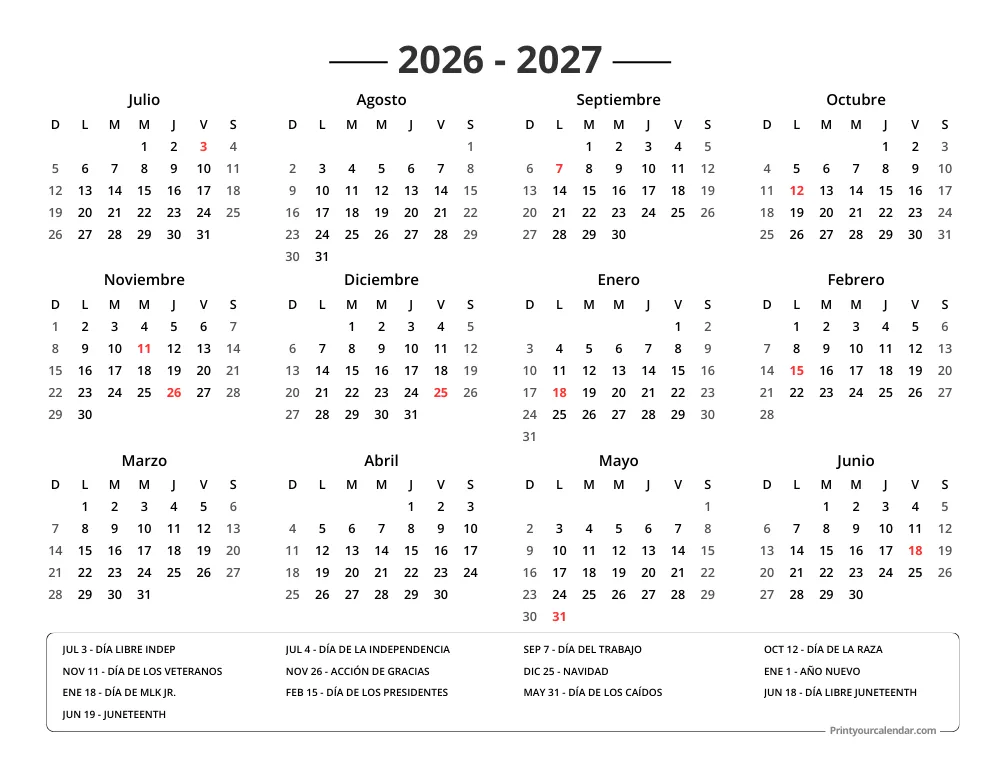Calendario 2026 2027 con Festivos