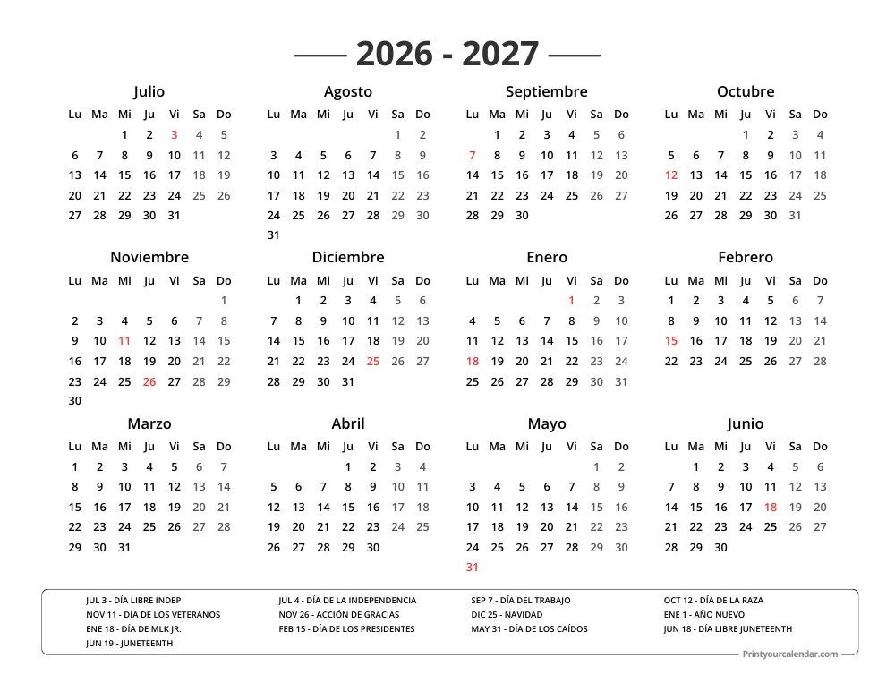 Calendario 2026 2027 con días festivos que comienzan en lunes
