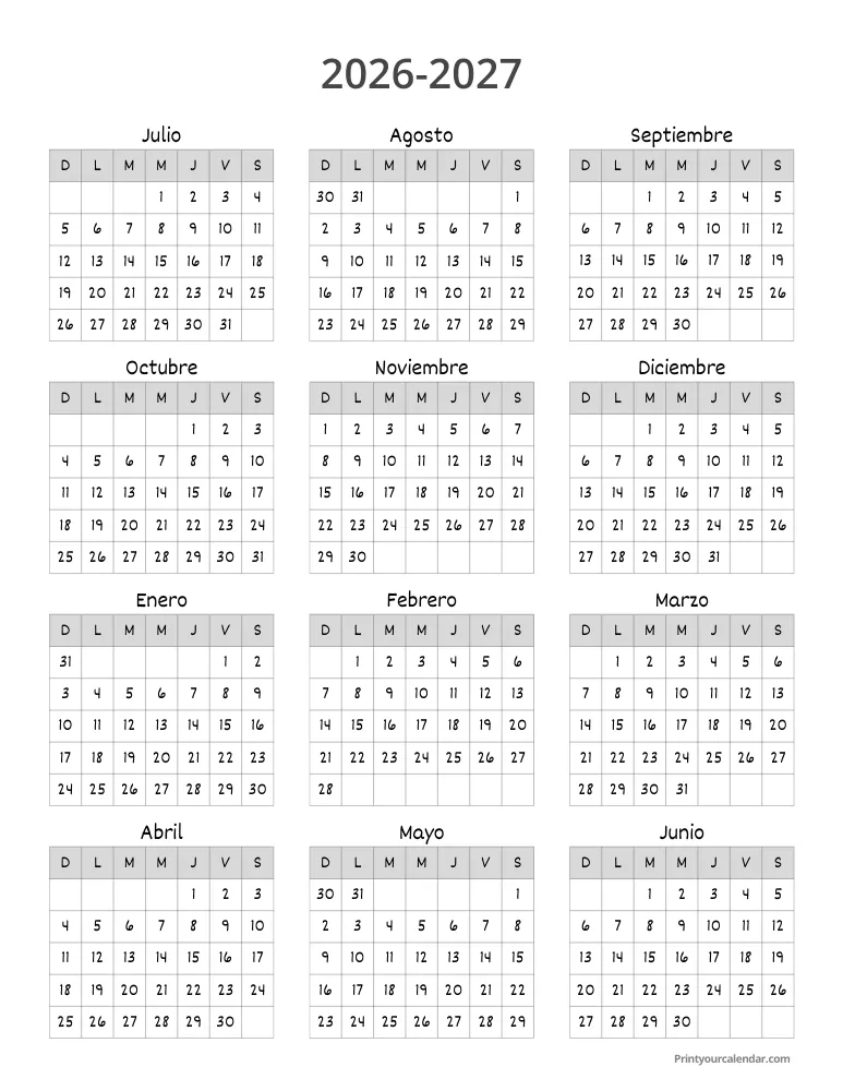 Calendario 2026 2027 imprimible