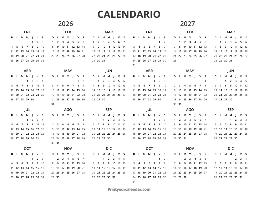 Calendario 2026 y 2027