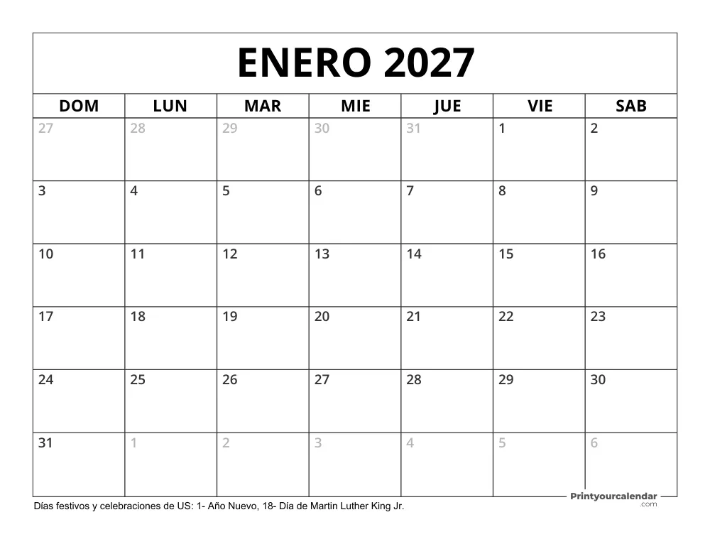 Calendario Enero 2027  con Días Feriados