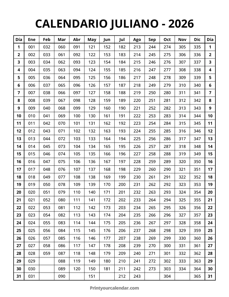 Calendario juliano 2026 gratuito