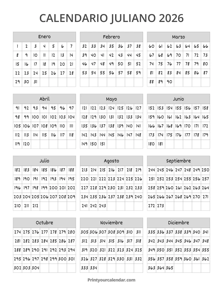 Calendario juliano 2026 imprimible gratis