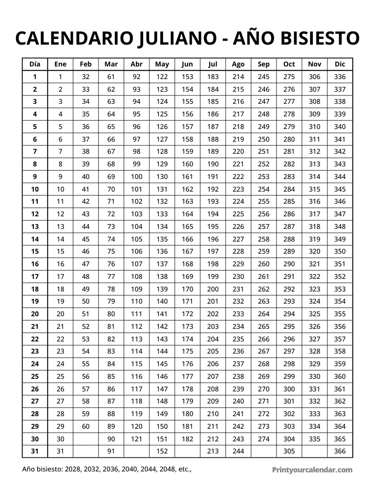 Calendario juliano gratuito Año bisiesto