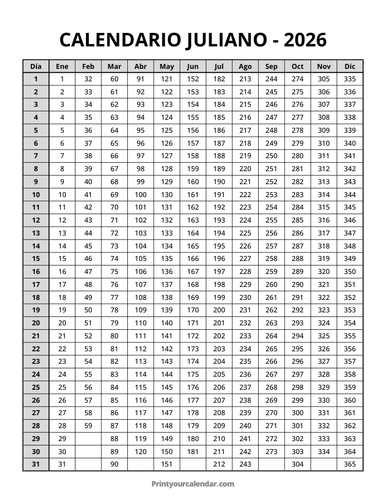 Calendario juliano imprimible 2026