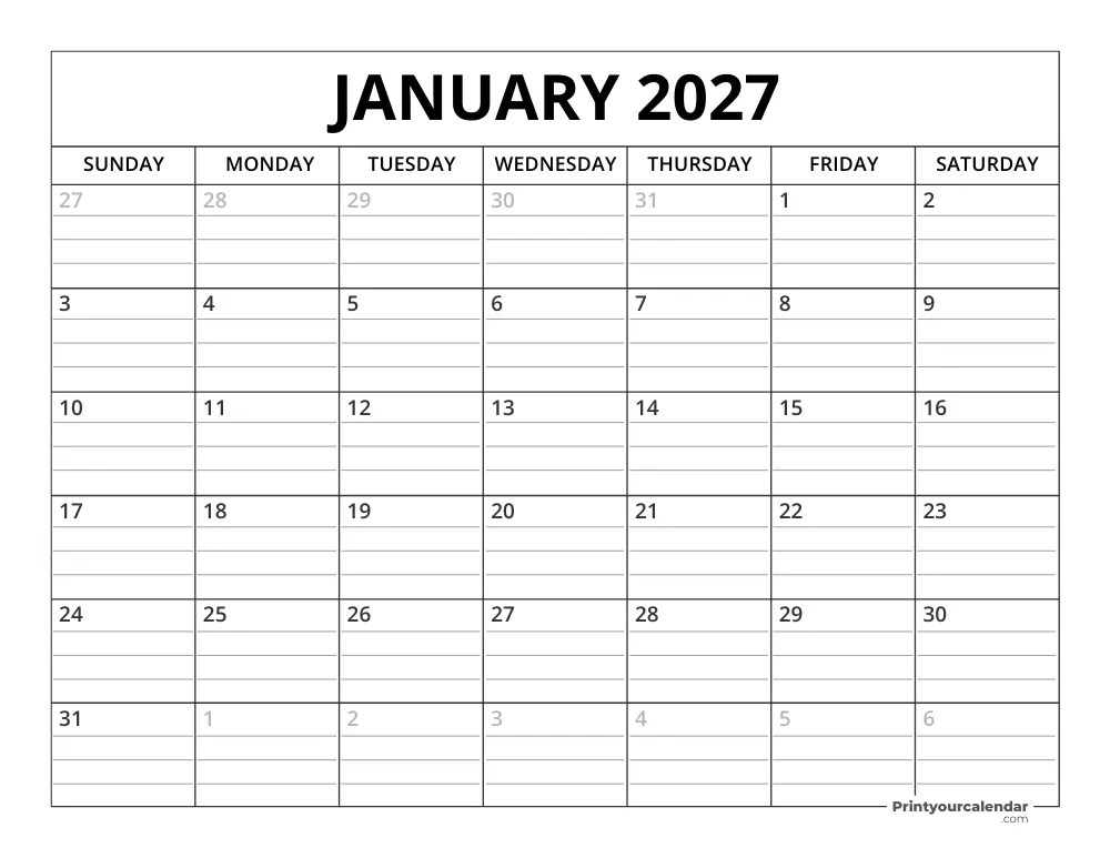 January 2027 Calendar Template