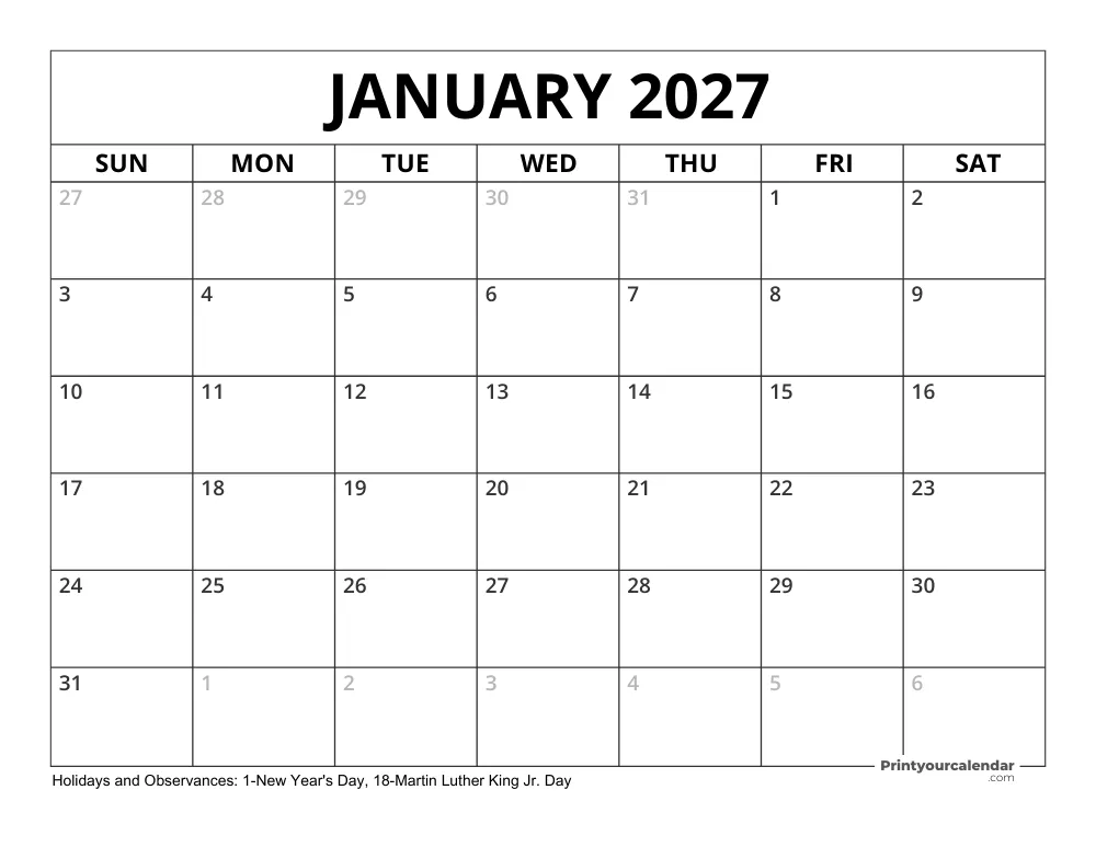 January 2027 Calendar with Holidays