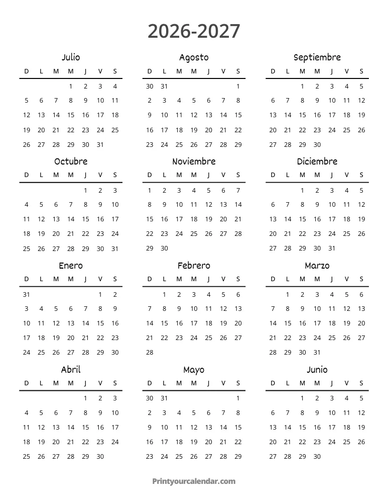 Plantilla de Calendario 2026 2027