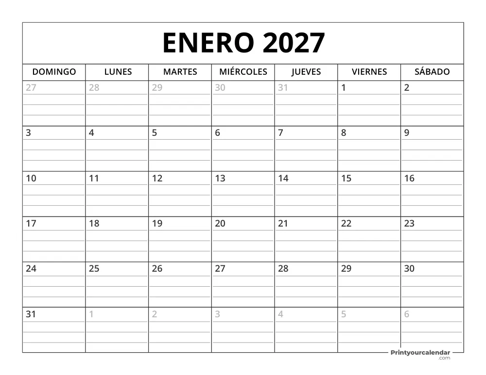 Plantilla de Calendario Enero de 2027