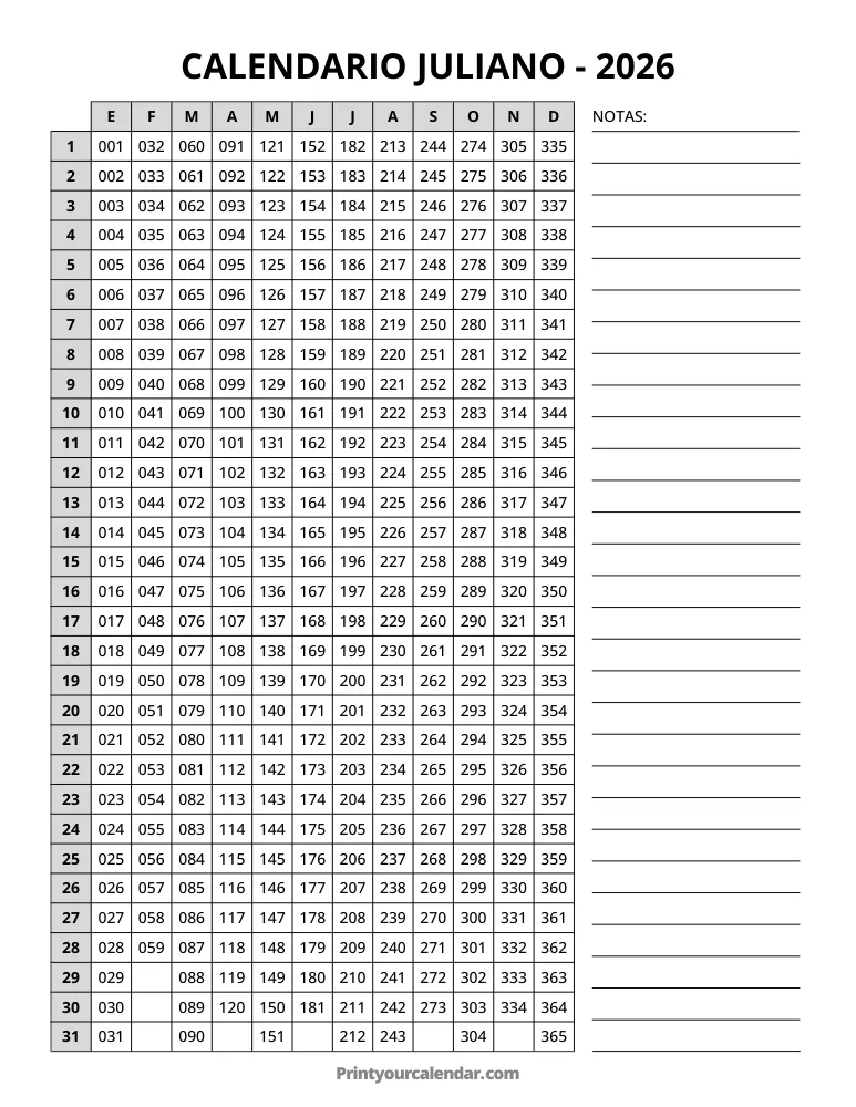 Plantilla de calendario juliano 2026