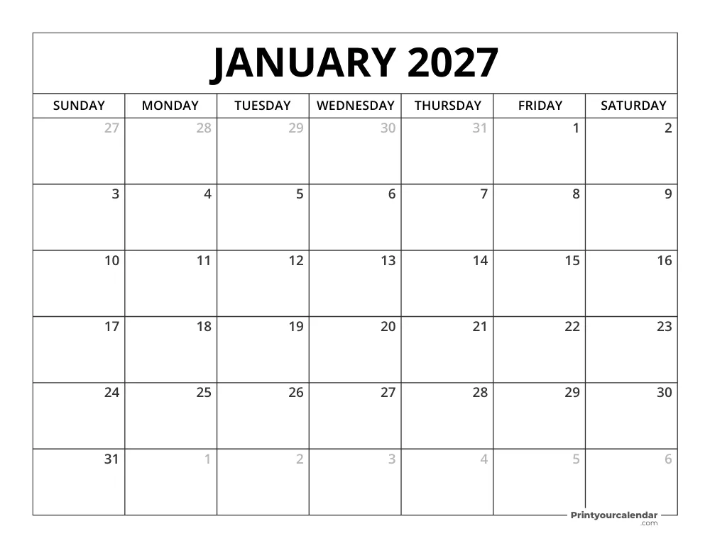 Printable January 2027 Calendar